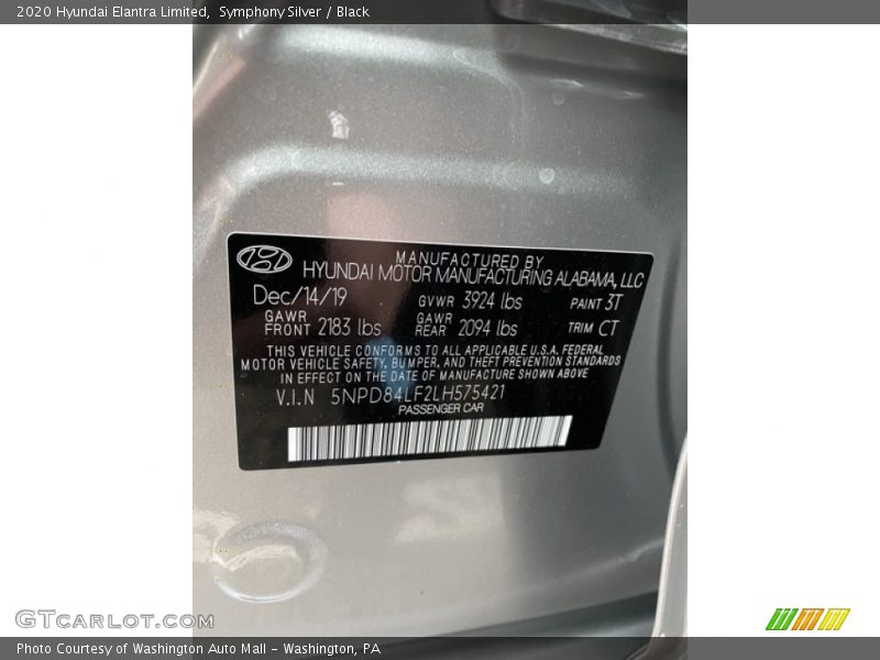 Symphony Silver / Black 2020 Hyundai Elantra Limited