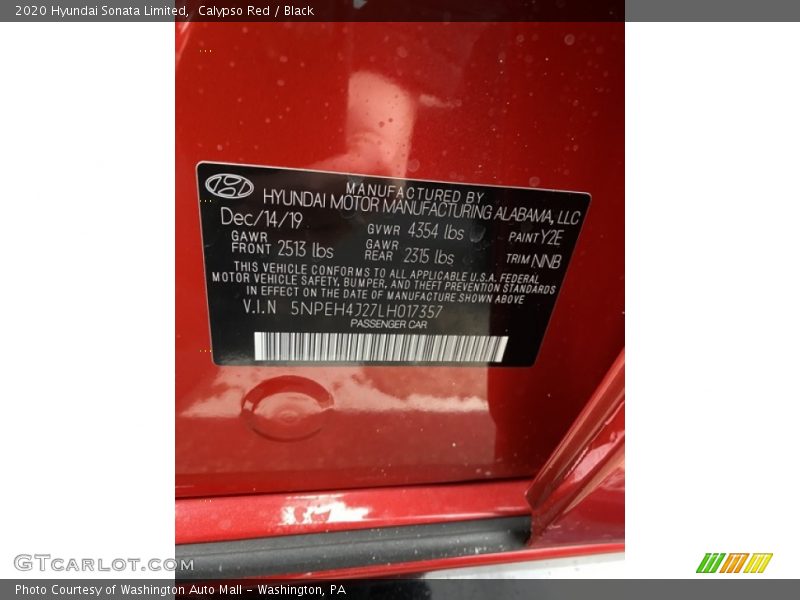 2020 Sonata Limited Calypso Red Color Code Y2E