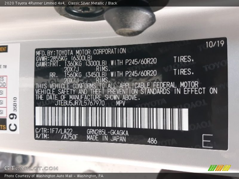 2020 4Runner Limited 4x4 Classic Silver Metallic Color Code 1F7