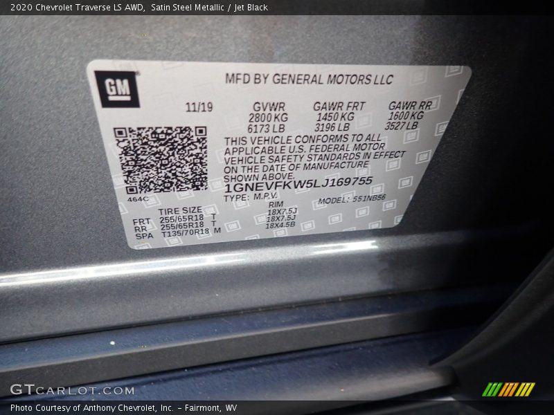 Satin Steel Metallic / Jet Black 2020 Chevrolet Traverse LS AWD