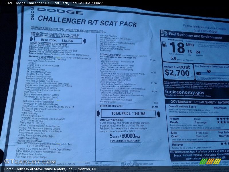  2020 Challenger R/T Scat Pack Window Sticker