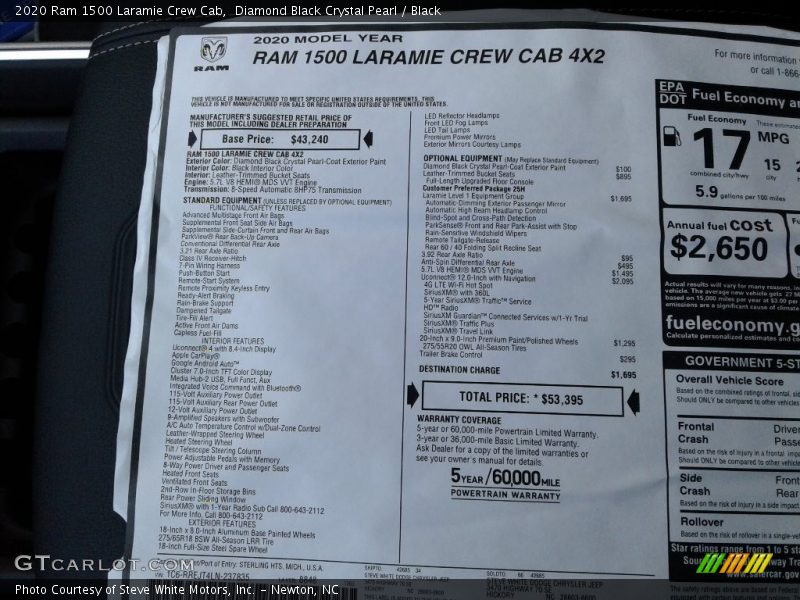 Diamond Black Crystal Pearl / Black 2020 Ram 1500 Laramie Crew Cab