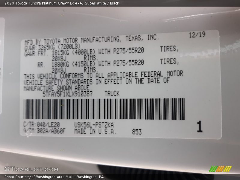Super White / Black 2020 Toyota Tundra Platinum CrewMax 4x4