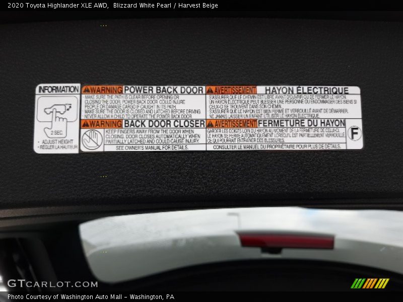 Info Tag of 2020 Highlander XLE AWD