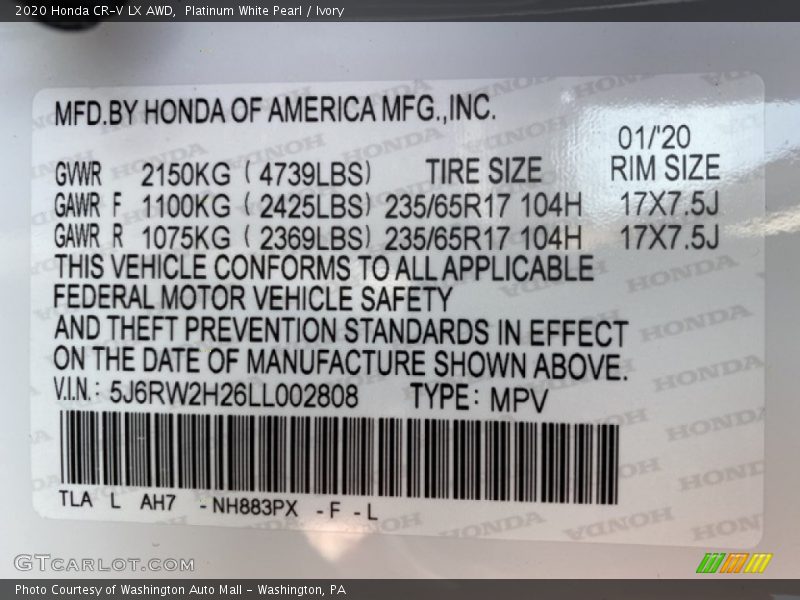 Platinum White Pearl / Ivory 2020 Honda CR-V LX AWD