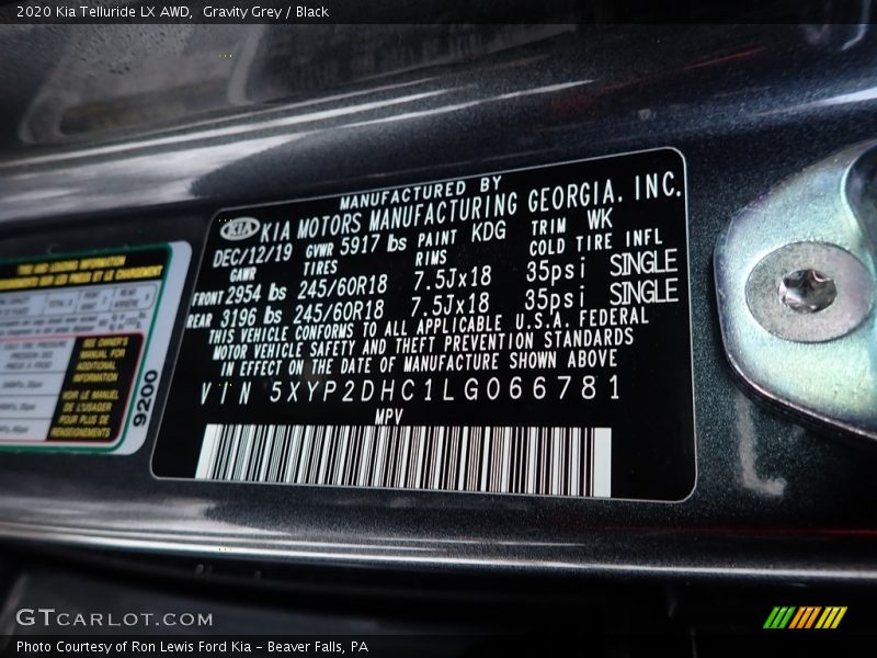 2020 Telluride LX AWD Gravity Grey Color Code KDG