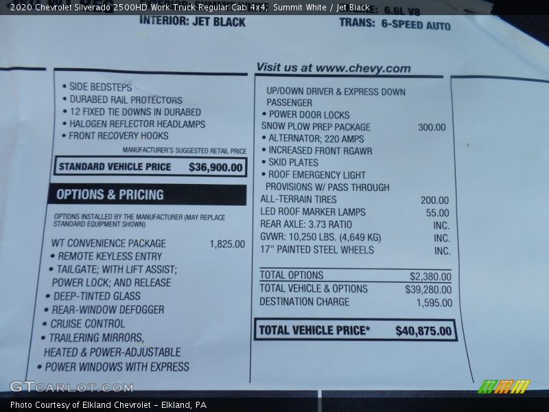  2020 Silverado 2500HD Work Truck Regular Cab 4x4 Window Sticker