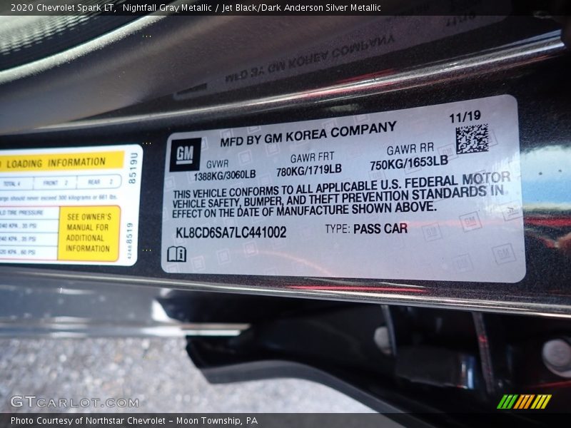 Nightfall Gray Metallic / Jet Black/Dark Anderson Silver Metallic 2020 Chevrolet Spark LT