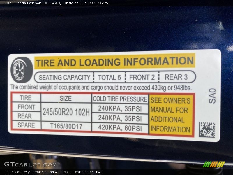 Info Tag of 2020 Passport EX-L AWD