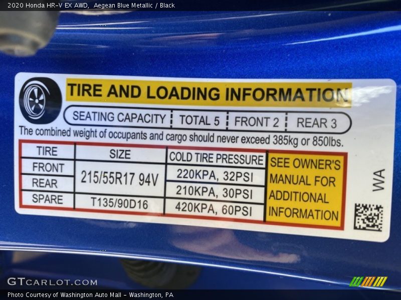 Aegean Blue Metallic / Black 2020 Honda HR-V EX AWD