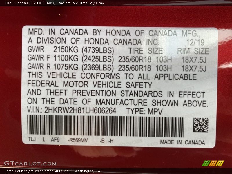 Radiant Red Metallic / Gray 2020 Honda CR-V EX-L AWD