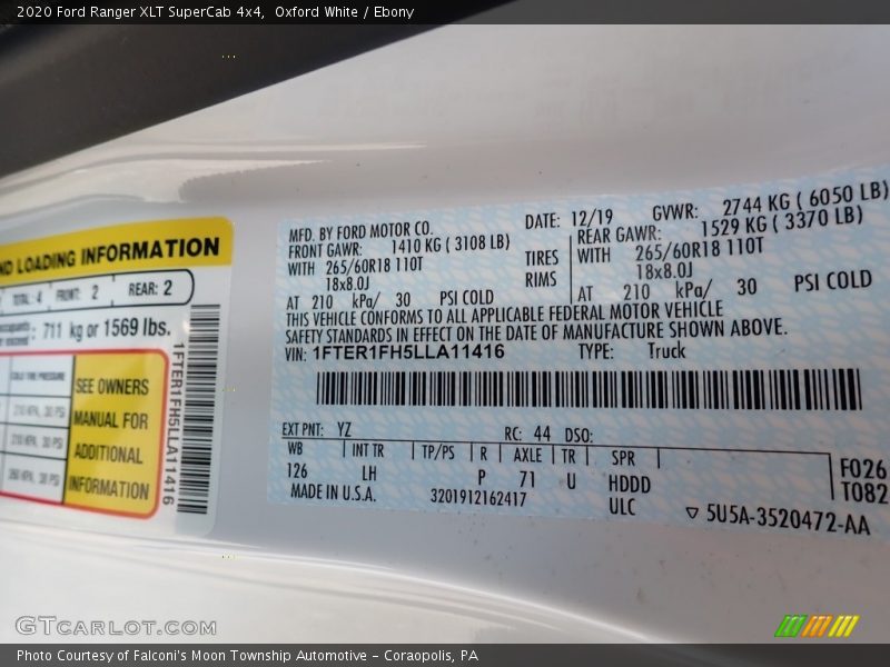 2020 Ranger XLT SuperCab 4x4 Oxford White Color Code YZ
