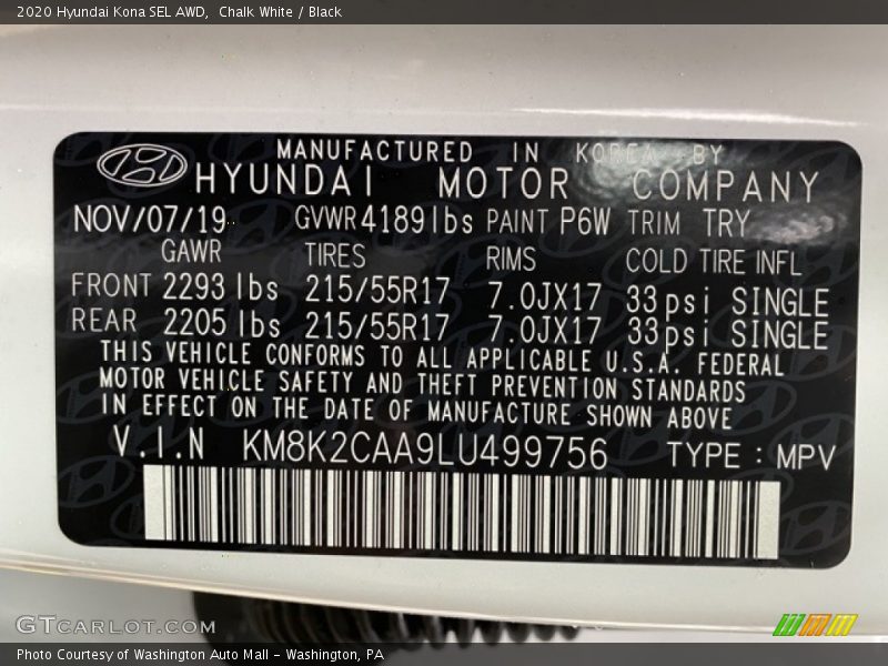 Chalk White / Black 2020 Hyundai Kona SEL AWD