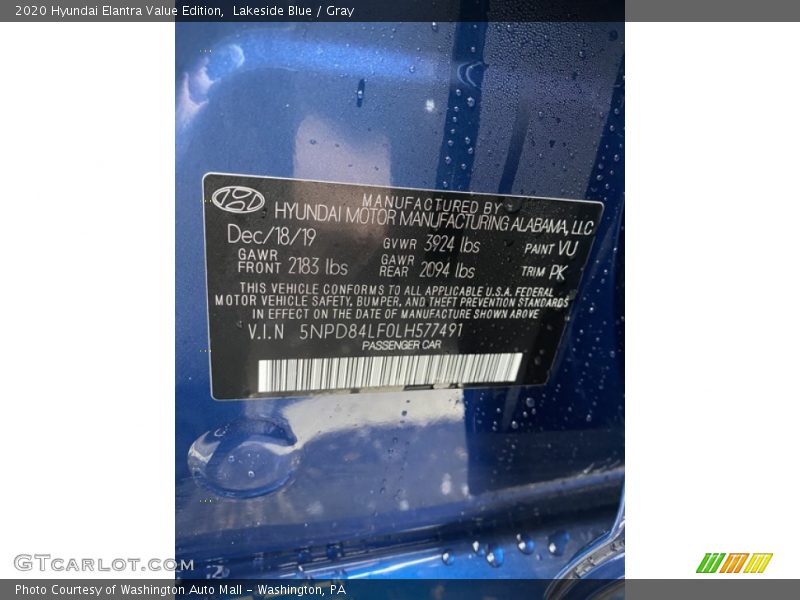 Lakeside Blue / Gray 2020 Hyundai Elantra Value Edition