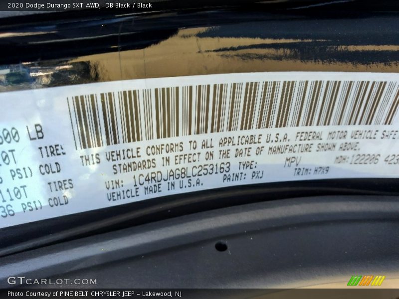 DB Black / Black 2020 Dodge Durango SXT AWD