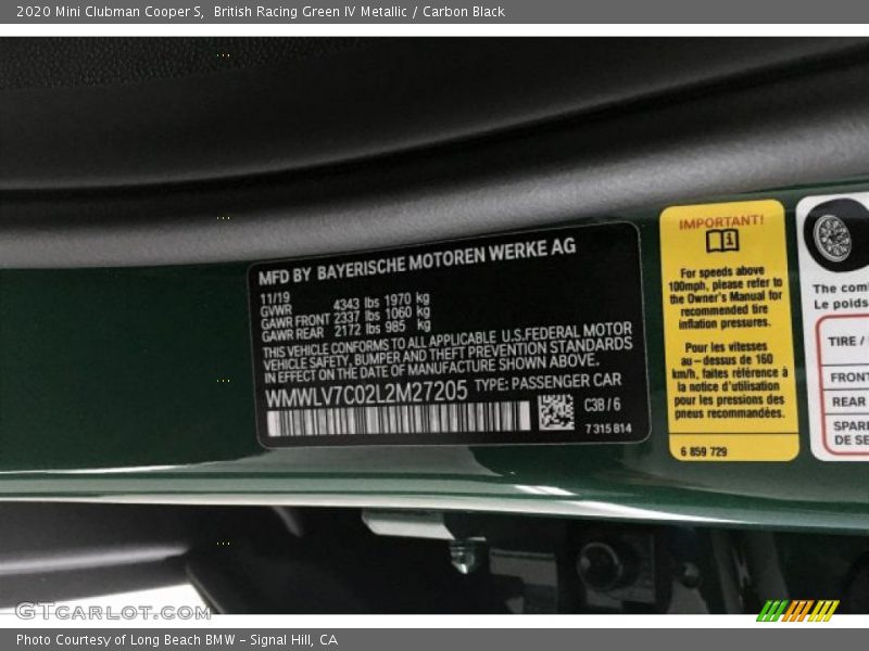 2020 Clubman Cooper S British Racing Green IV Metallic Color Code C38
