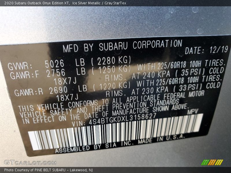 Ice Silver Metallic / Gray StarTex 2020 Subaru Outback Onyx Edition XT