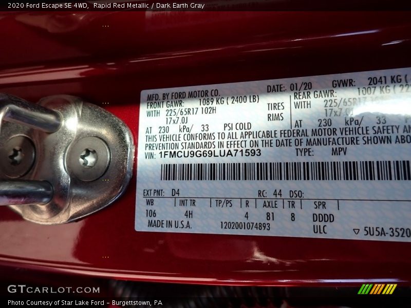 2020 Escape SE 4WD Rapid Red Metallic Color Code D4