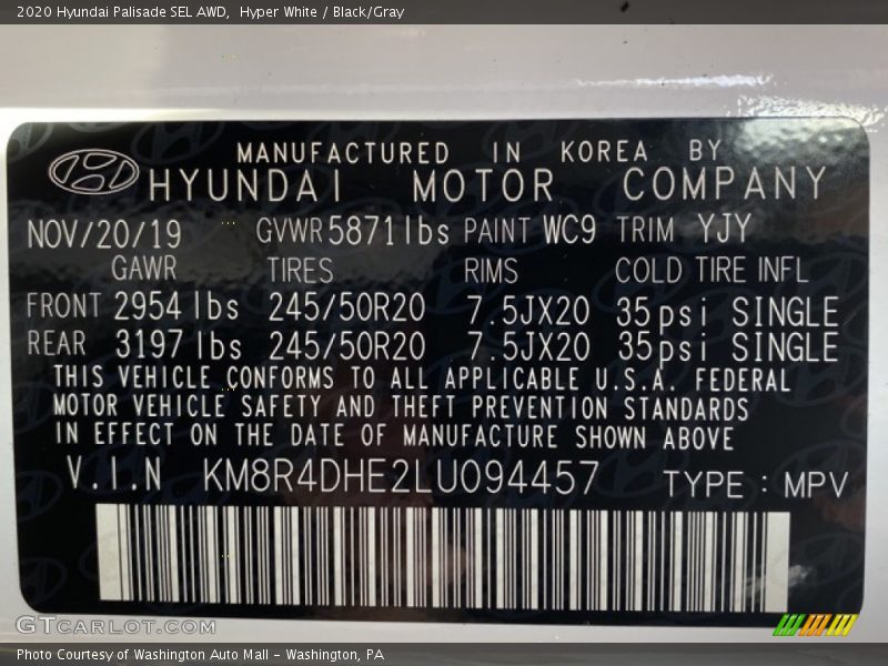 Hyper White / Black/Gray 2020 Hyundai Palisade SEL AWD