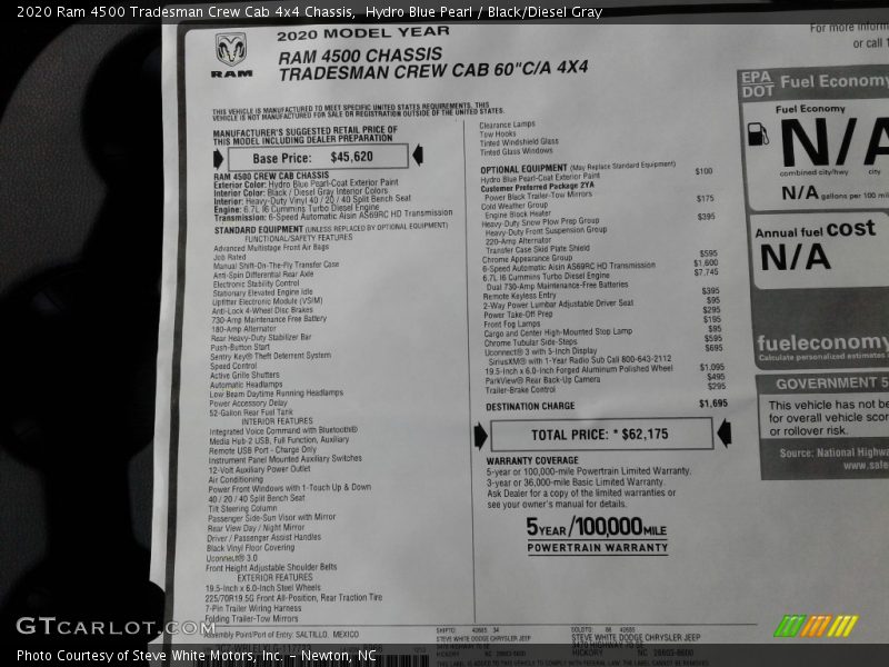  2020 4500 Tradesman Crew Cab 4x4 Chassis Window Sticker