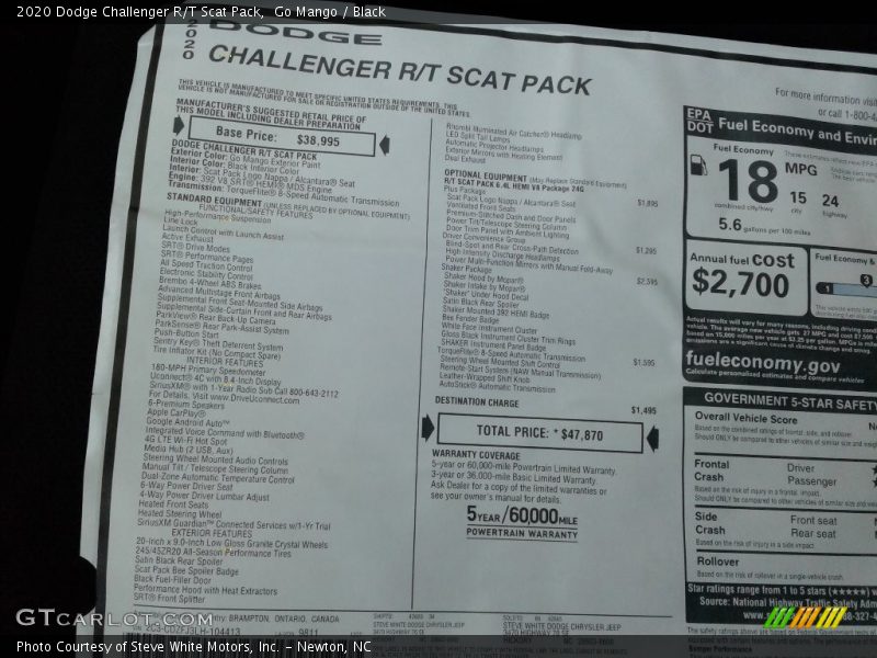  2020 Challenger R/T Scat Pack Window Sticker