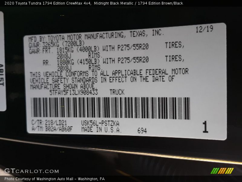 Midnight Black Metallic / 1794 Edition Brown/Black 2020 Toyota Tundra 1794 Edition CrewMax 4x4