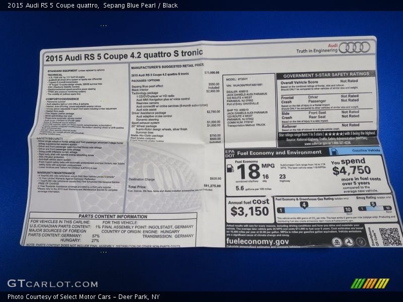  2015 RS 5 Coupe quattro Window Sticker