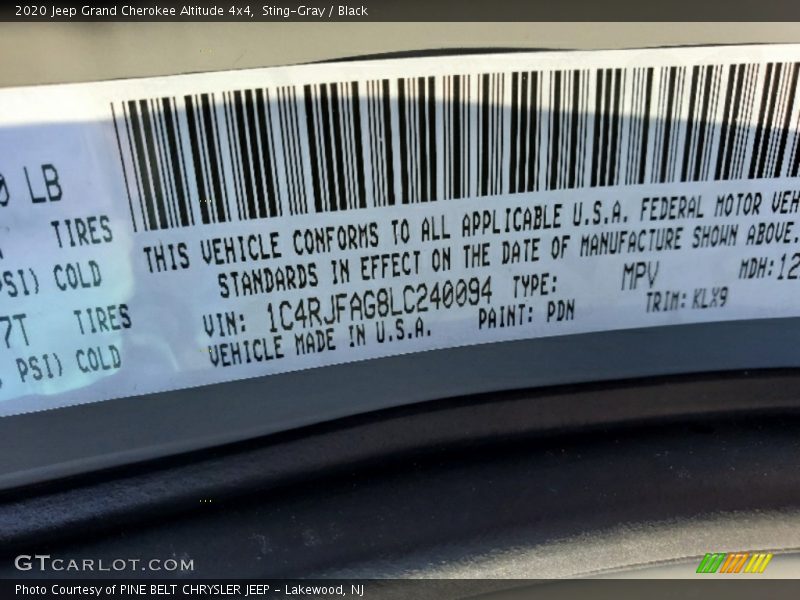 Sting-Gray / Black 2020 Jeep Grand Cherokee Altitude 4x4