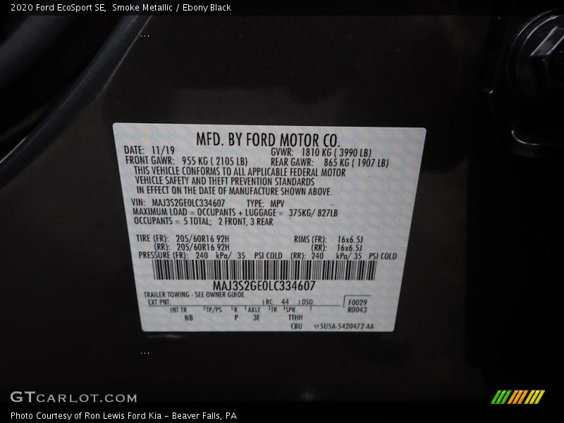 Smoke Metallic / Ebony Black 2020 Ford EcoSport SE