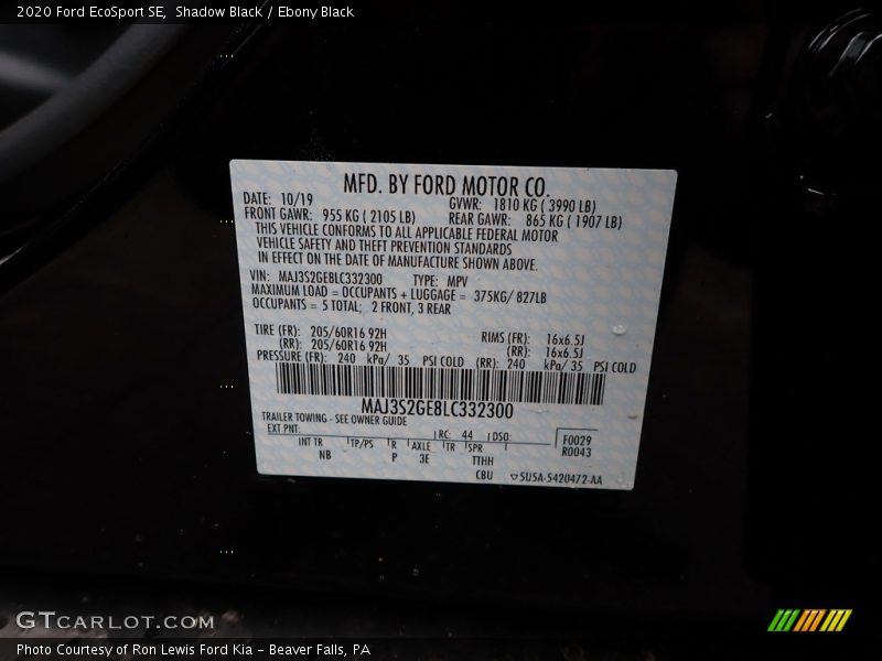 Shadow Black / Ebony Black 2020 Ford EcoSport SE