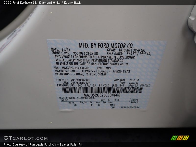 Diamond White / Ebony Black 2020 Ford EcoSport SE