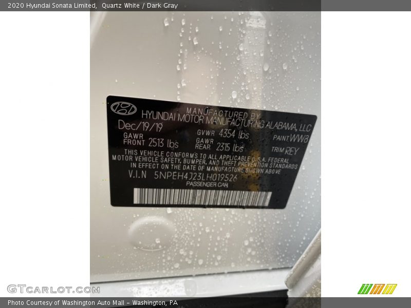 Quartz White / Dark Gray 2020 Hyundai Sonata Limited