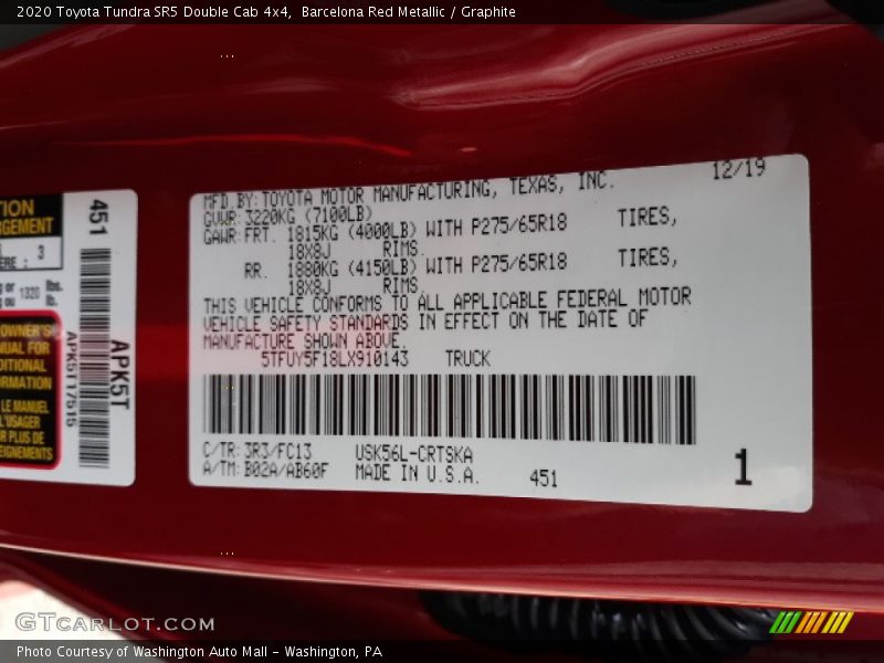 2020 Tundra SR5 Double Cab 4x4 Barcelona Red Metallic Color Code 3R3