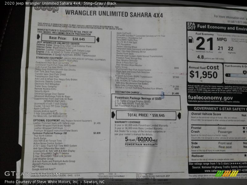 Sting-Gray / Black 2020 Jeep Wrangler Unlimited Sahara 4x4