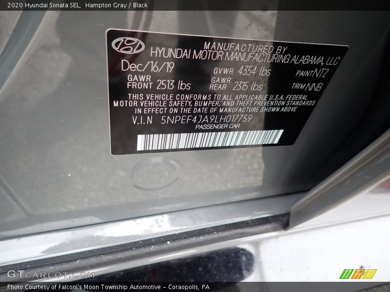 Hampton Gray / Black 2020 Hyundai Sonata SEL