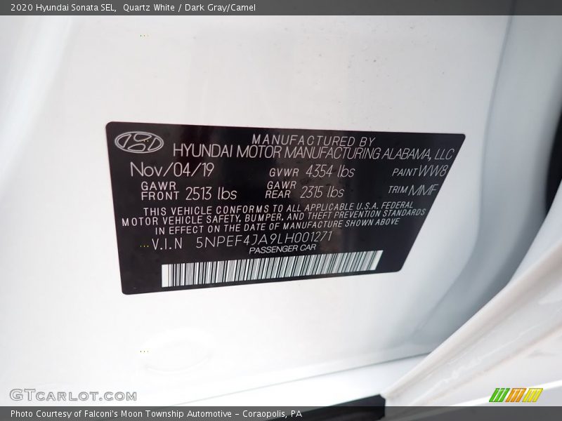 Quartz White / Dark Gray/Camel 2020 Hyundai Sonata SEL