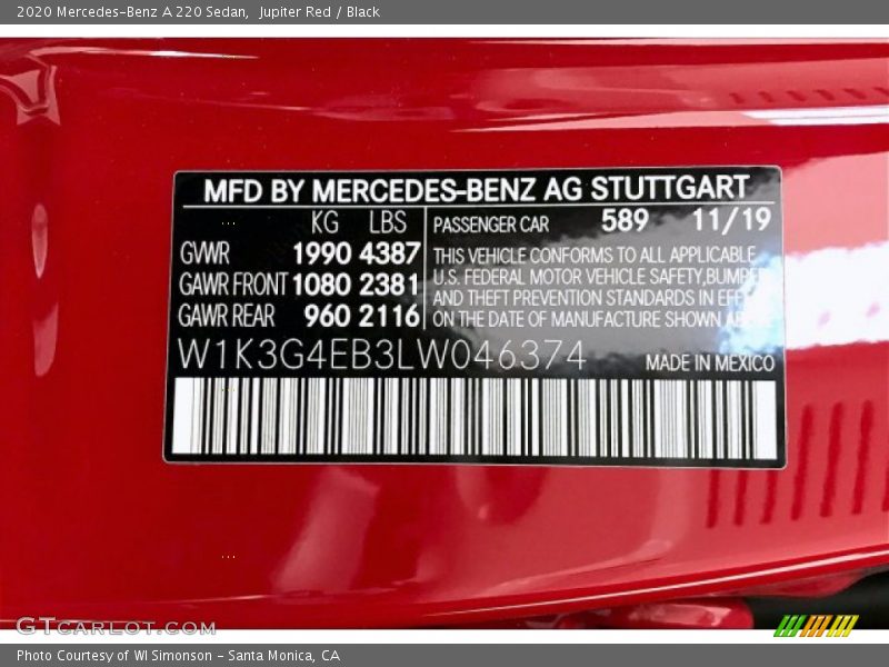 2020 A 220 Sedan Jupiter Red Color Code 589