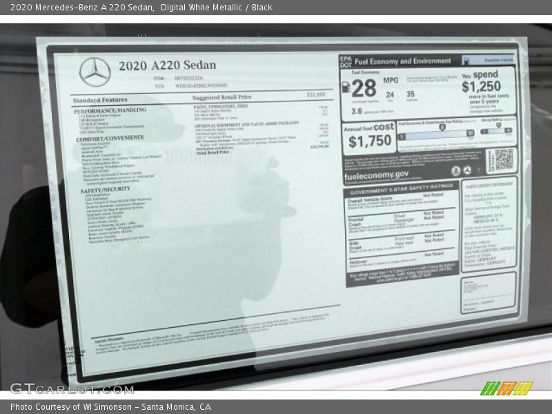 Digital White Metallic / Black 2020 Mercedes-Benz A 220 Sedan