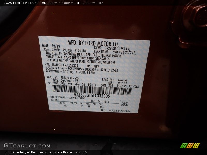 Canyon Ridge Metallic / Ebony Black 2020 Ford EcoSport SE 4WD
