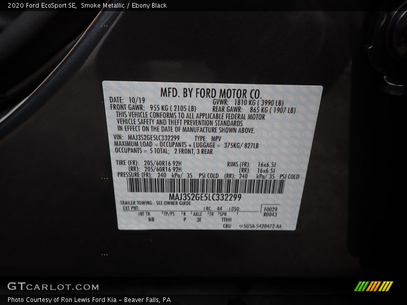 Smoke Metallic / Ebony Black 2020 Ford EcoSport SE