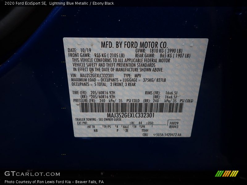 Lightning Blue Metallic / Ebony Black 2020 Ford EcoSport SE