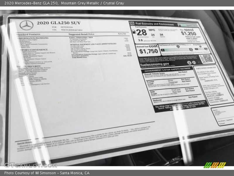  2020 GLA 250 Window Sticker