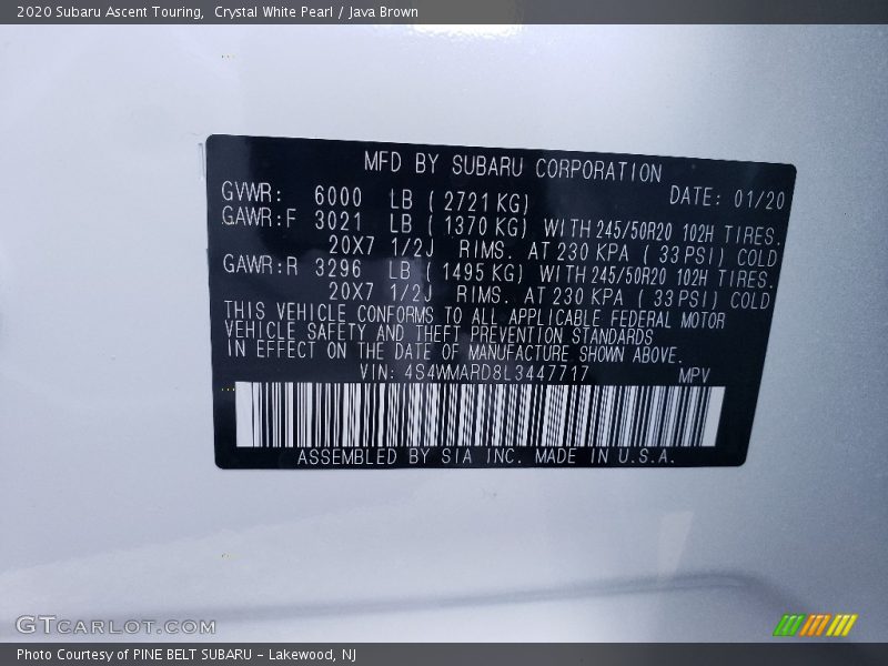 Crystal White Pearl / Java Brown 2020 Subaru Ascent Touring