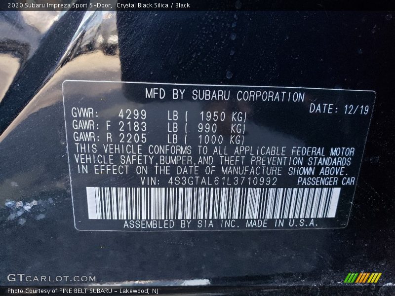 Crystal Black Silica / Black 2020 Subaru Impreza Sport 5-Door
