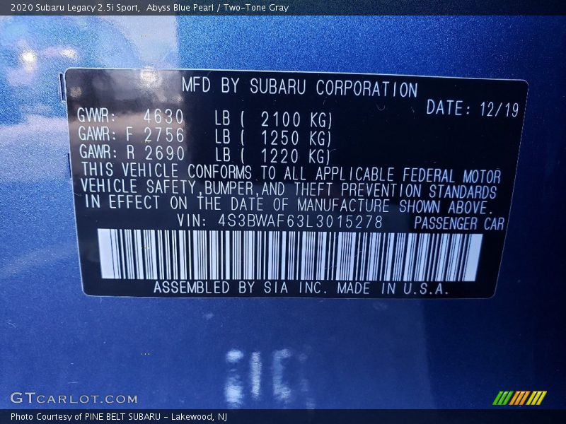 Abyss Blue Pearl / Two-Tone Gray 2020 Subaru Legacy 2.5i Sport