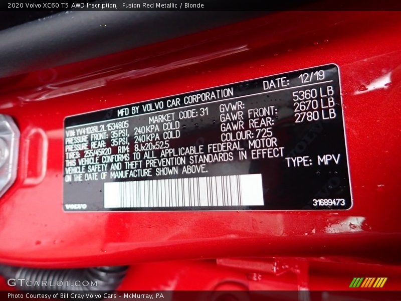 Fusion Red Metallic / Blonde 2020 Volvo XC60 T5 AWD Inscription