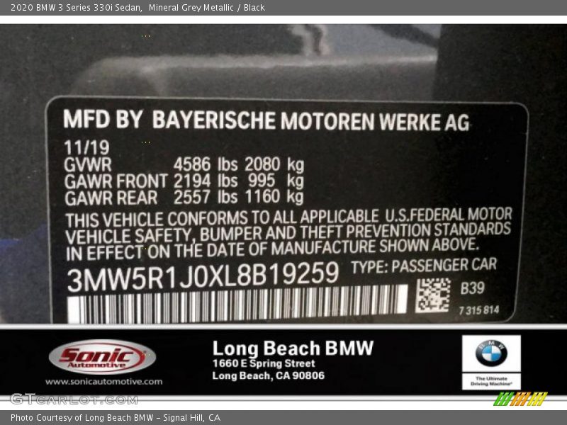 Mineral Grey Metallic / Black 2020 BMW 3 Series 330i Sedan