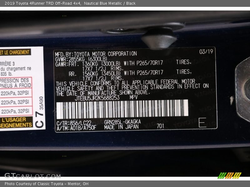 2019 4Runner TRD Off-Road 4x4 Nautical Blue Metallic Color Code 8S6