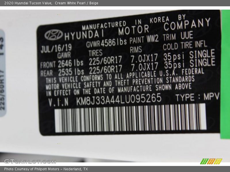 Cream White Pearl / Beige 2020 Hyundai Tucson Value