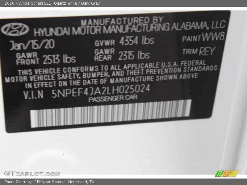 Quartz White / Dark Gray 2020 Hyundai Sonata SEL